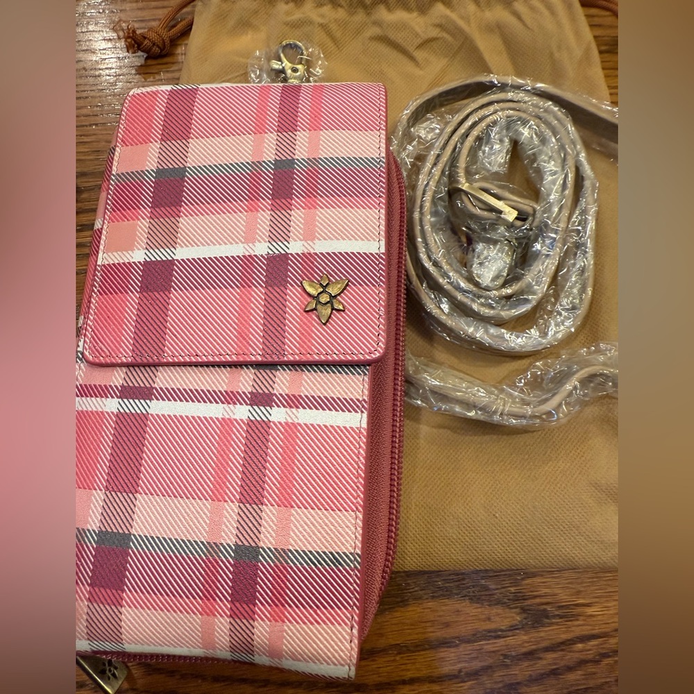 NWT ANUSCHKA pink plaid organizer, wallet, phone carrier with pouch